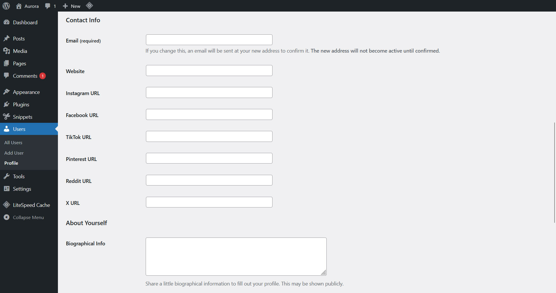 WordPress user profile screen showing Aurora's added social fields: Instagram, Facebook, TikTok, Pinterest, Reddit and X URLs