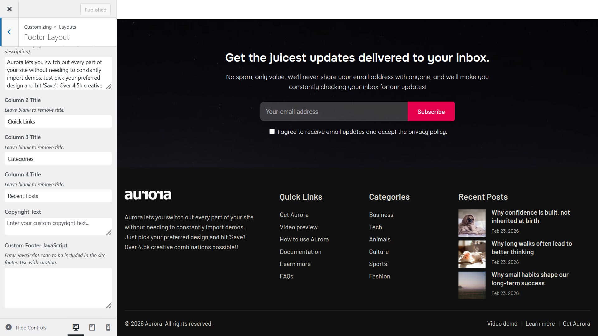 Footer settings for the Aurora WP theme