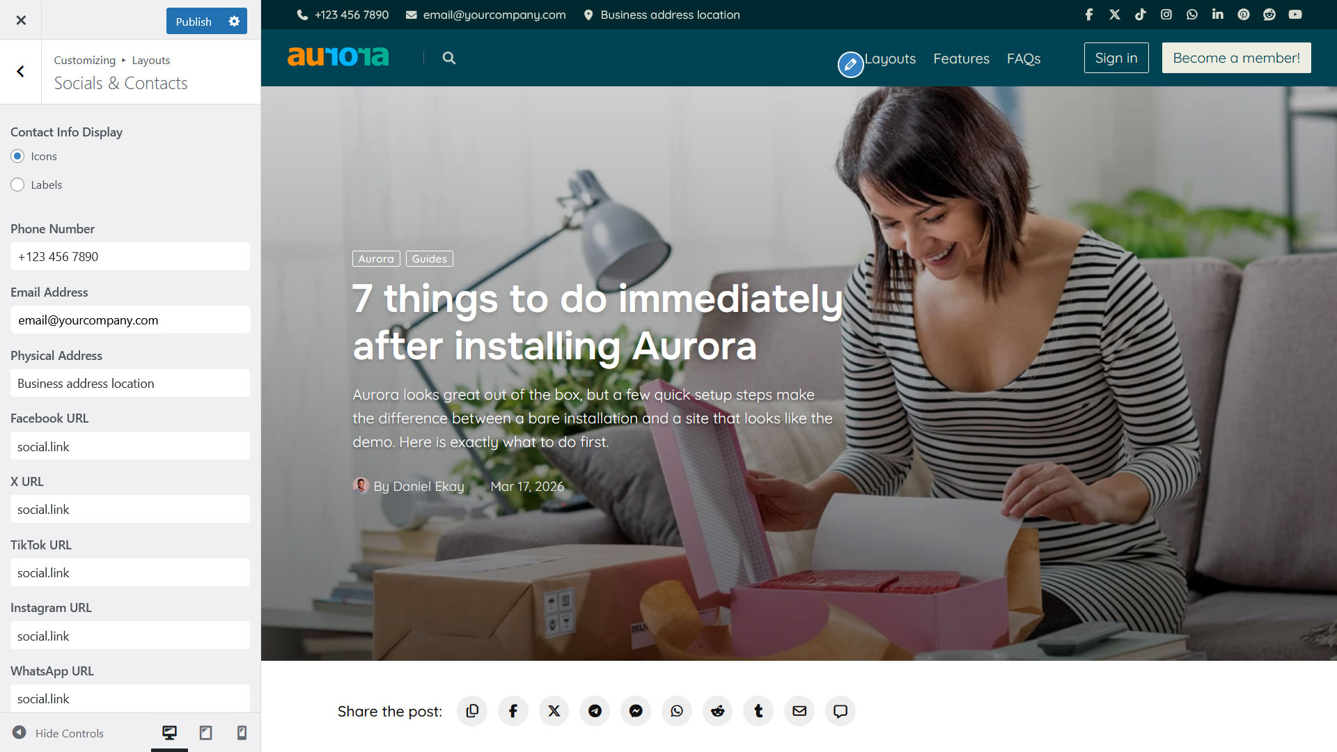 Setting contact and social details in Aurora