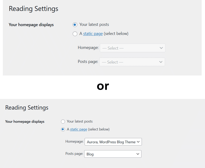 WordPress Reading Settings showing Your latest posts and A static page options with Homepage and Posts page dropdowns