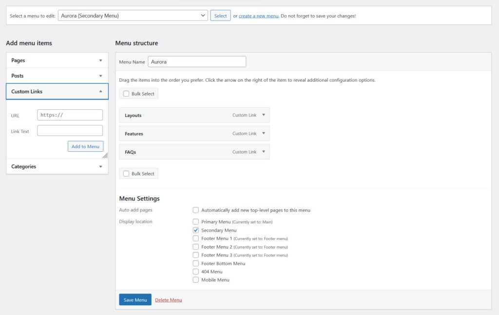 Setting menus to various menu locations in WordPress