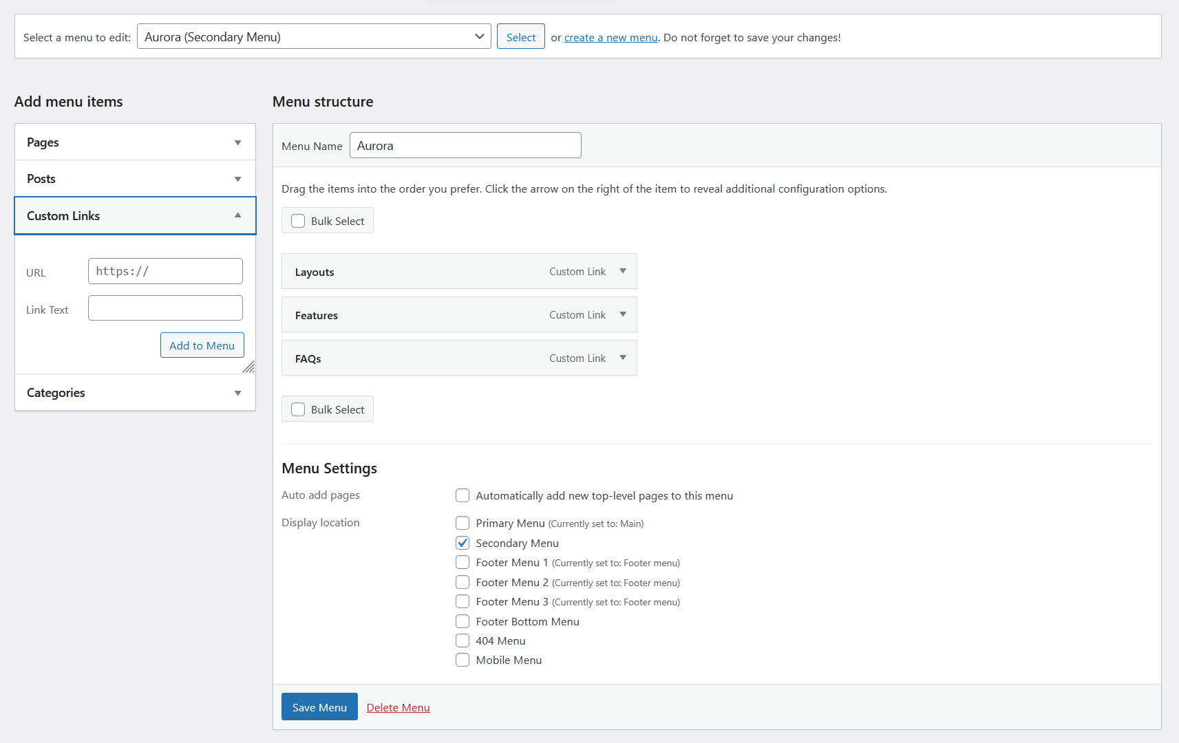 WordPress Menus admin screen showing menu location assignments including Primary, Secondary, Footer and other Aurora menu locations