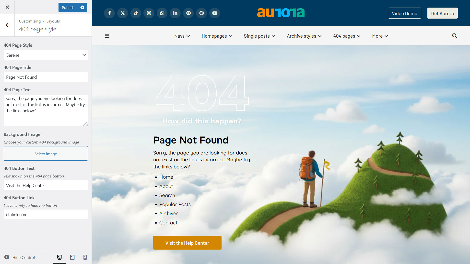 Settings for Aurora's 404 page style