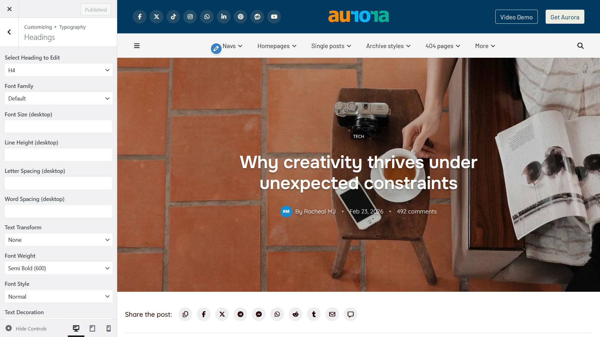 Aurora Theme showing typography settings for headings