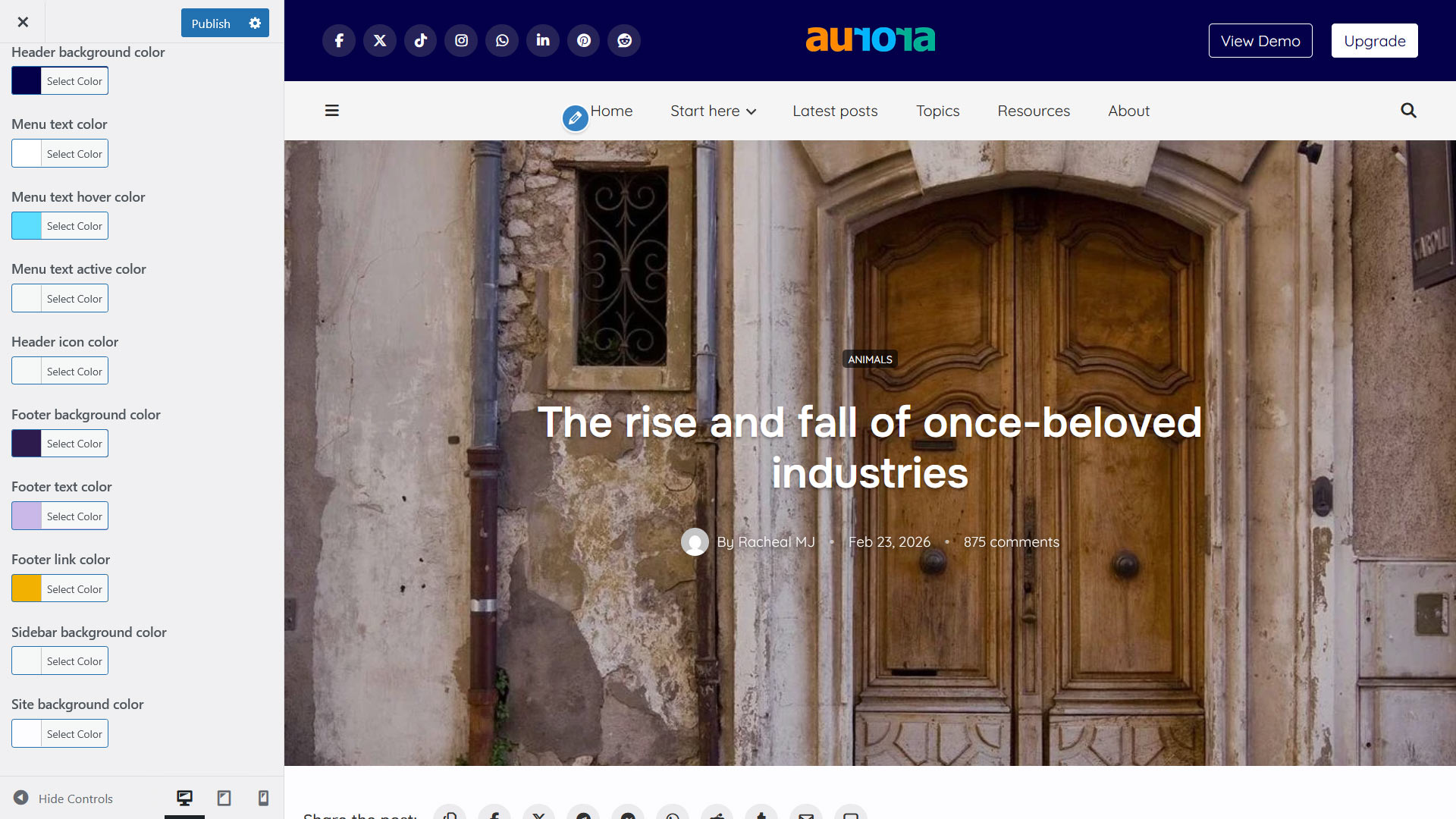 Aurora WordPress theme showing color settings and single post design