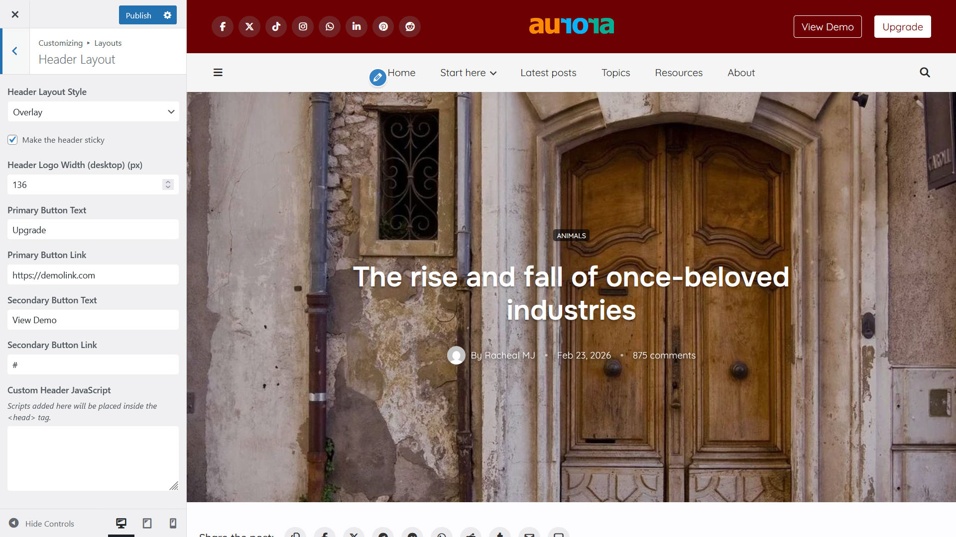 Aurora WordPress theme showing header settings and single post design