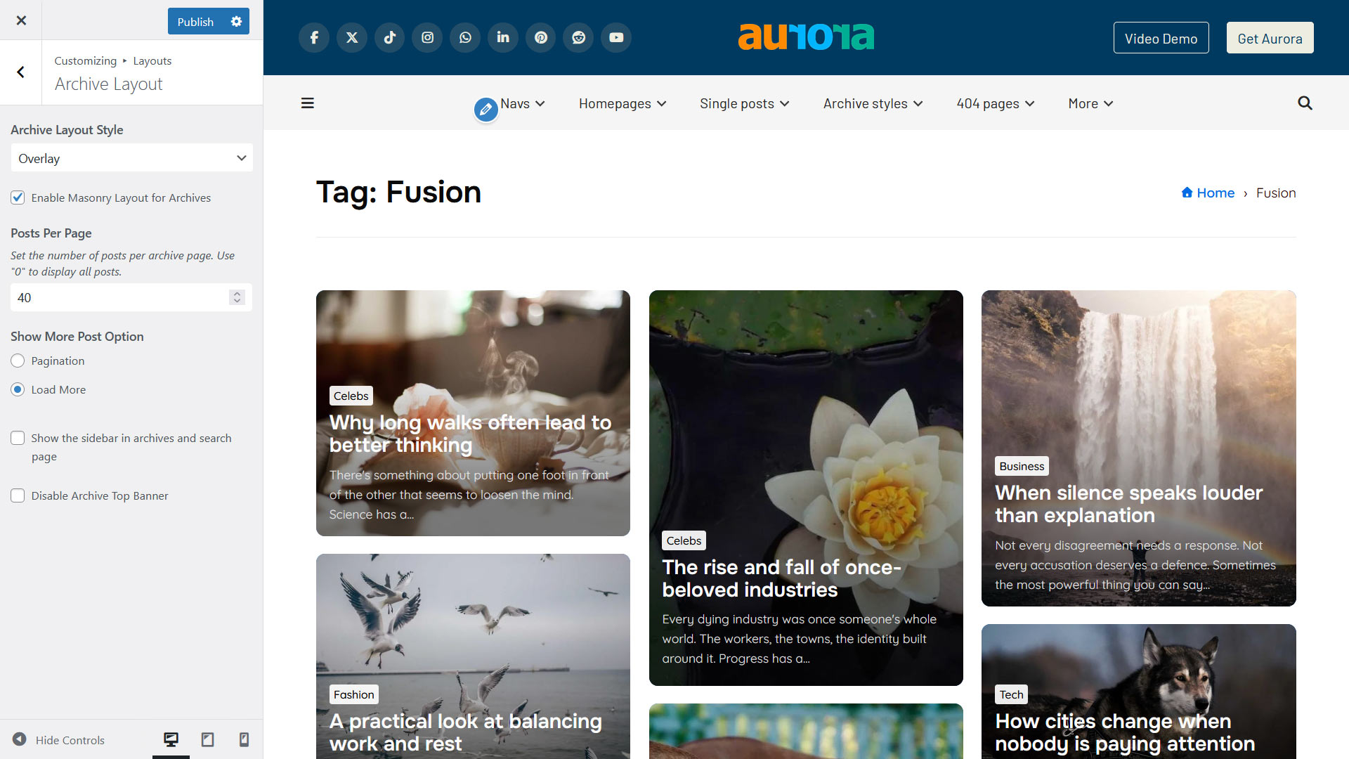 Aurora theme showing an archive with masonry enabled