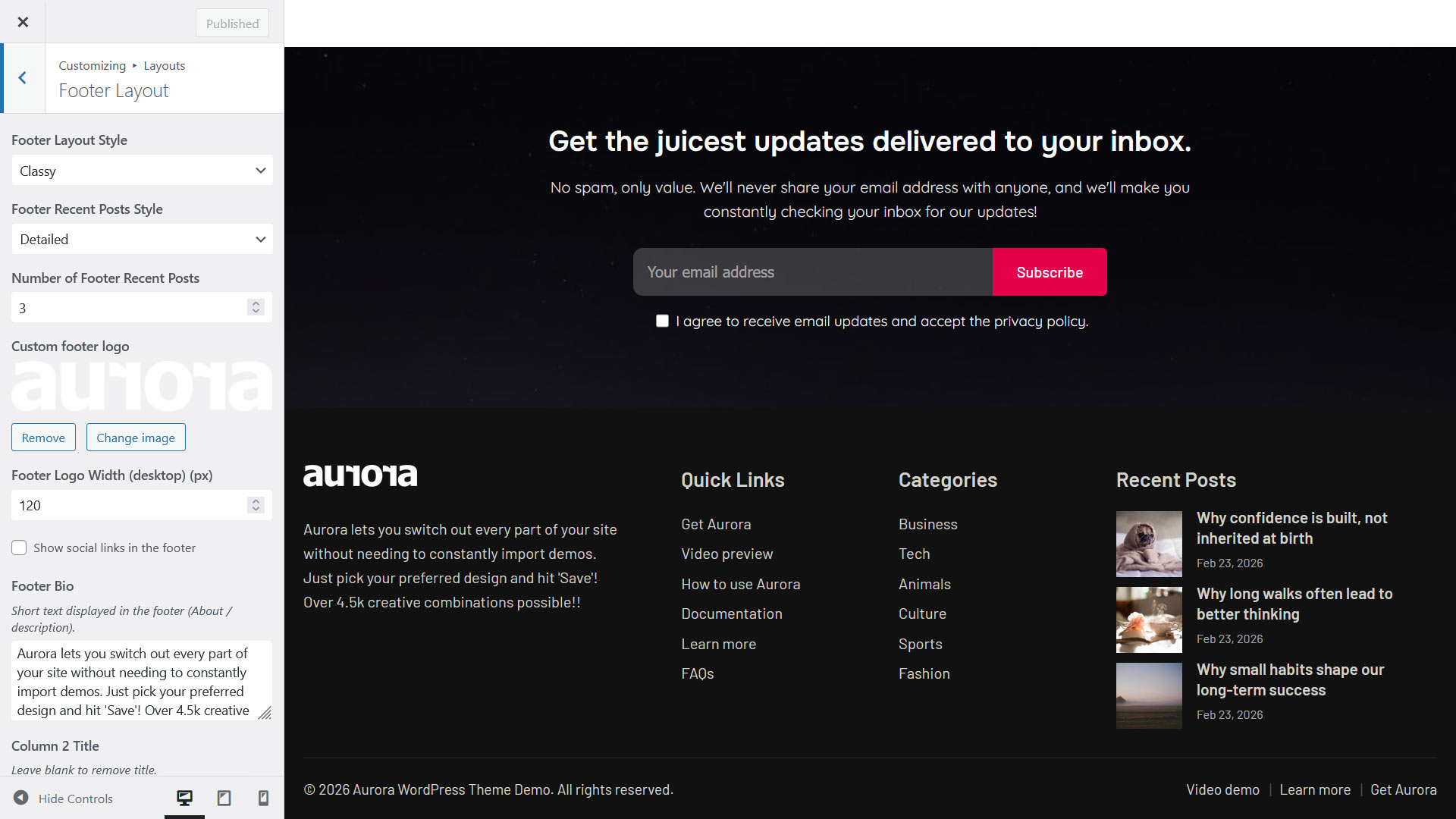 Footer settings and newsletter display in Aurora