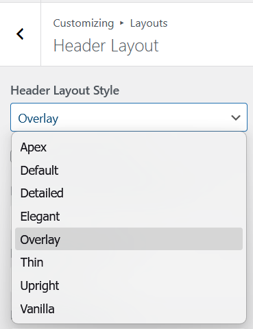 Header Layout Style dropdown showing all 8 options: Apex, Default, Detailed, Elegant, Overlay, Thin, Upright, Vanilla