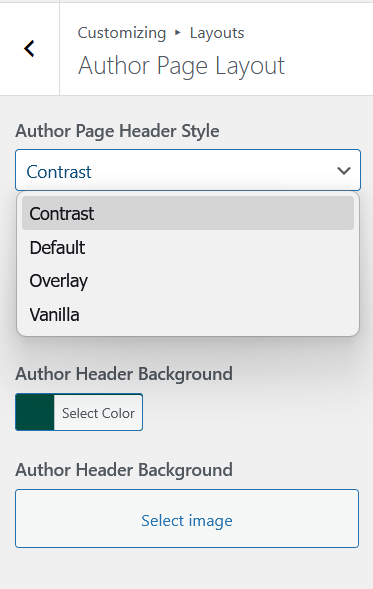 Author Page Layout panel showing Author Page Header Style dropdown with Contrast, Default, Overlay and Vanilla options, plus background color and image fields