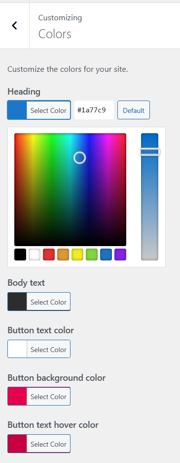 Aurora Colors panel showing Heading, Body text, Button text and Button background color pickers