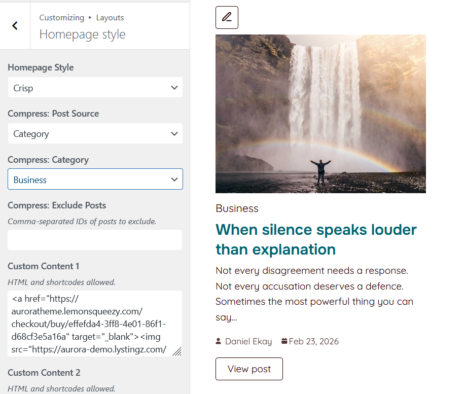 Homepage section configuration panel showing Style, Post Source, Category and exclusion options