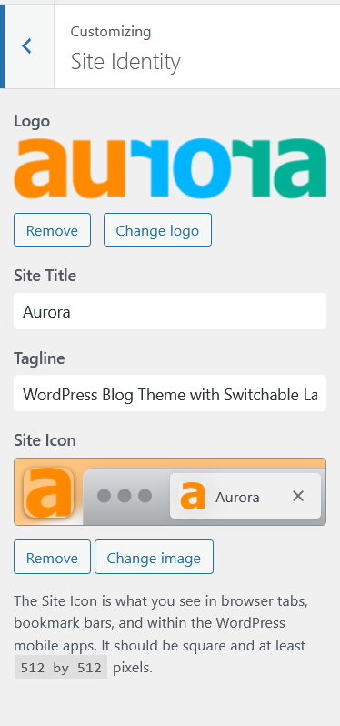 Customizer Site Identity panel showing logo upload, site title, tagline and favicon fields