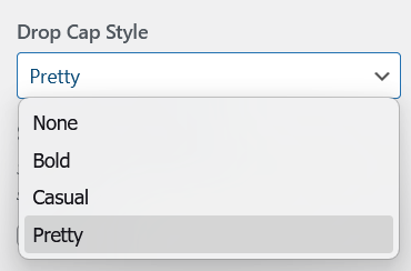 Drop Cap Style dropdown showing None, Bold, Casual and Pretty options