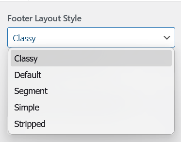 Footer Layout Style dropdown showing all five options: Classy, Default, Segment, Simple, Stripped
