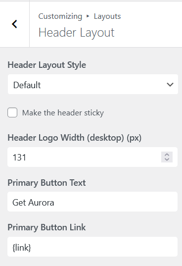 Header Layout panel showing Header Layout Style, sticky toggle, logo width, primary button text and link fields