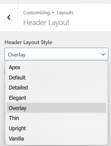 Header Layout Style dropdown open showing all eight Aurora header layout options