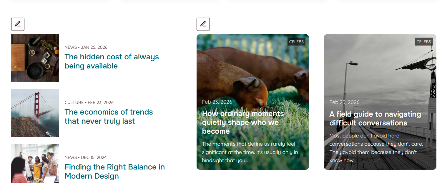 Homepage front-end showing edit pencil icons on each homepage section for direct Customizer editing