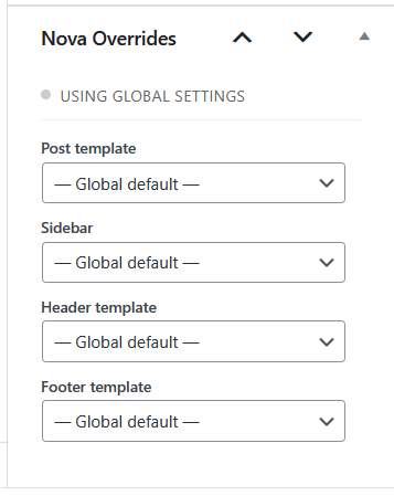 Nova Overrides panel in the post editor sidebar showing Post template, Sidebar, Header template and Footer template dropdowns set to Global default