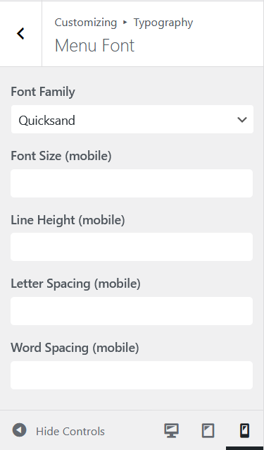 Aurora typography panel showing mobile font size, line height, letter spacing and word spacing fields