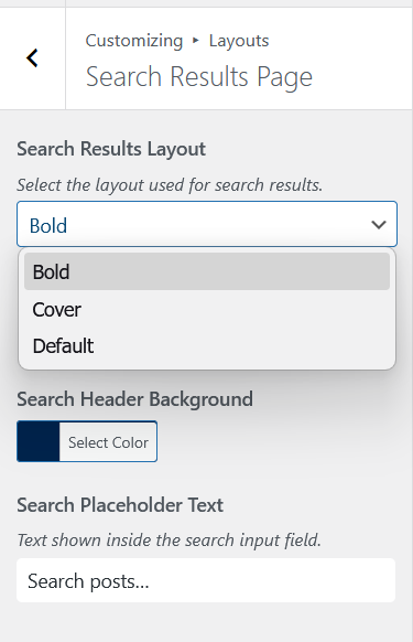 Search Results Page panel showing Search Results Layout dropdown with Bold, Cover and Default options, header background color and placeholder text