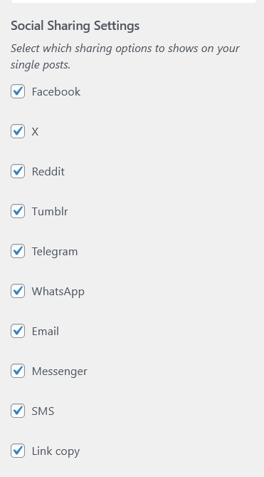 Social Sharing Settings checkboxes showing all 10 supported platforms: Facebook, X, Reddit, Tumblr, Telegram, WhatsApp, Email, Messenger, SMS and Link copy