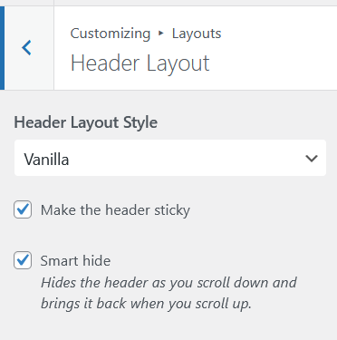 Header Layout settings showing Make the header sticky and Smart hide checkboxes