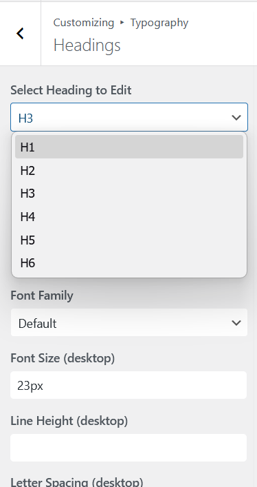 Aurora Headings typography settings showing Select Heading dropdown with H1 through H6 options and font controls