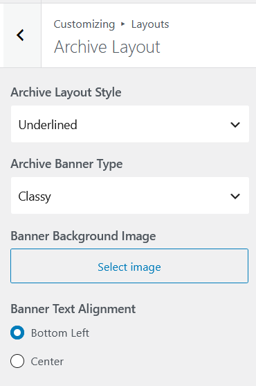 The Customizer showing Aurora's archive banner settings