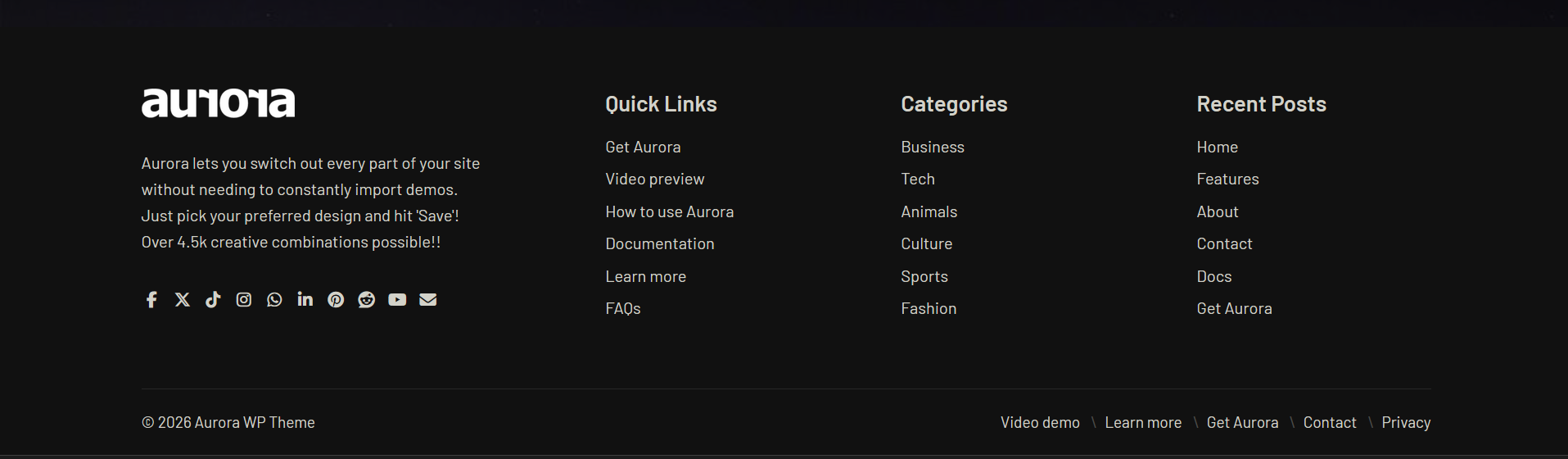 Aurora footer showing footer menus, social icons, a custom footer logo, and a site bio
