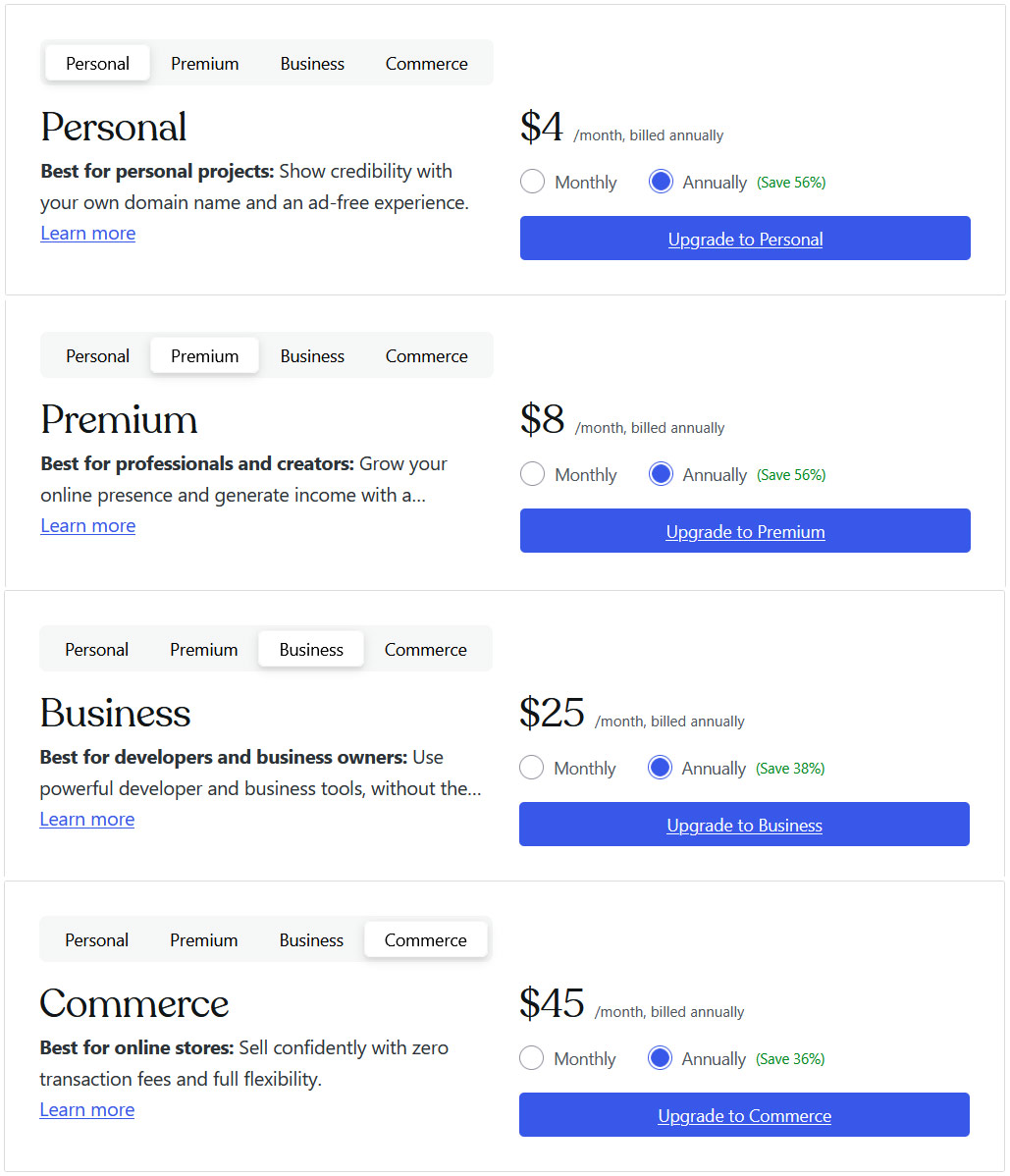 WordPress.com pricing tiers showing Personal, Premium, Business, and Commerce plans