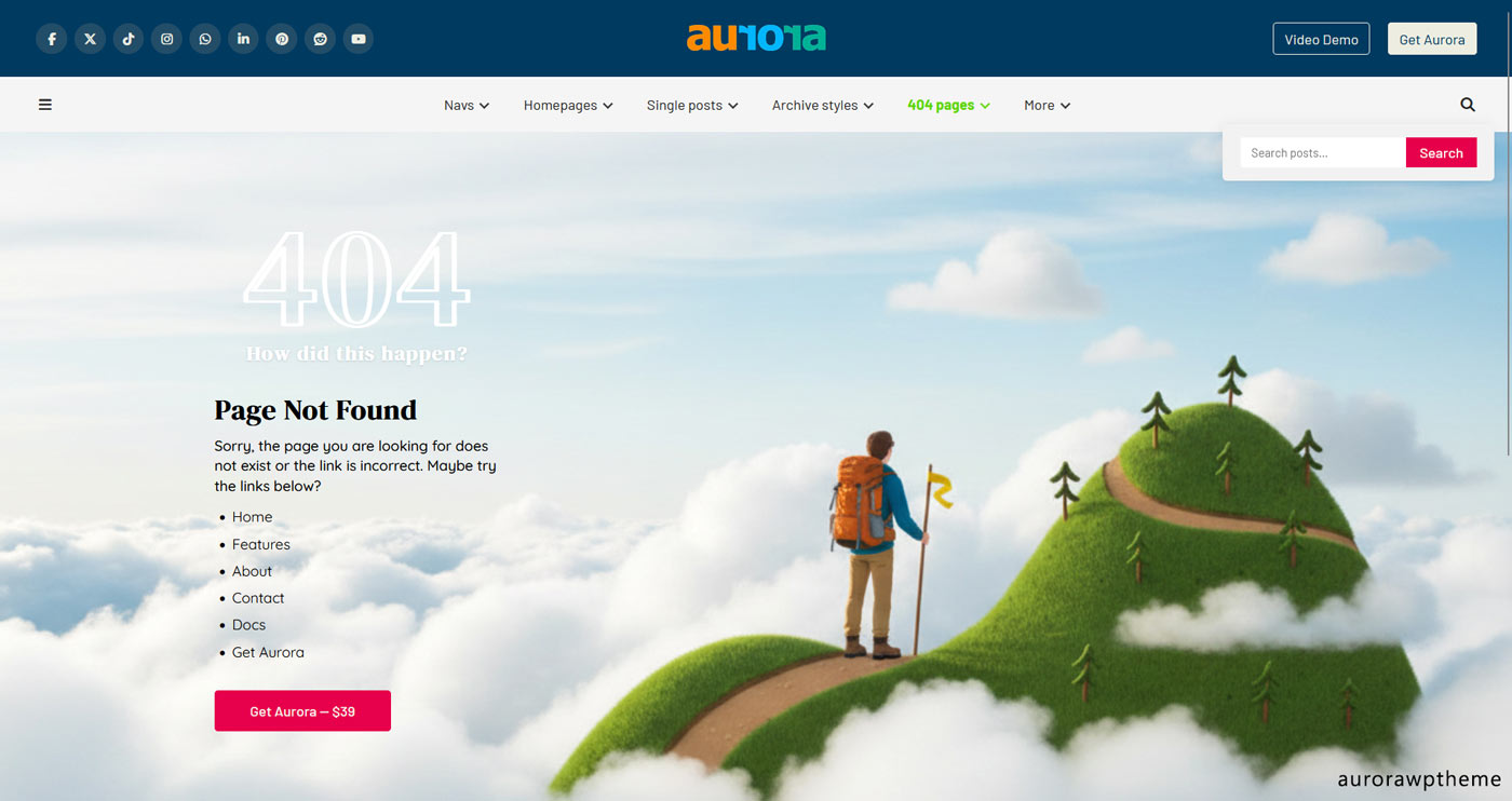 404 page with search bar, popular posts, and category links visible
