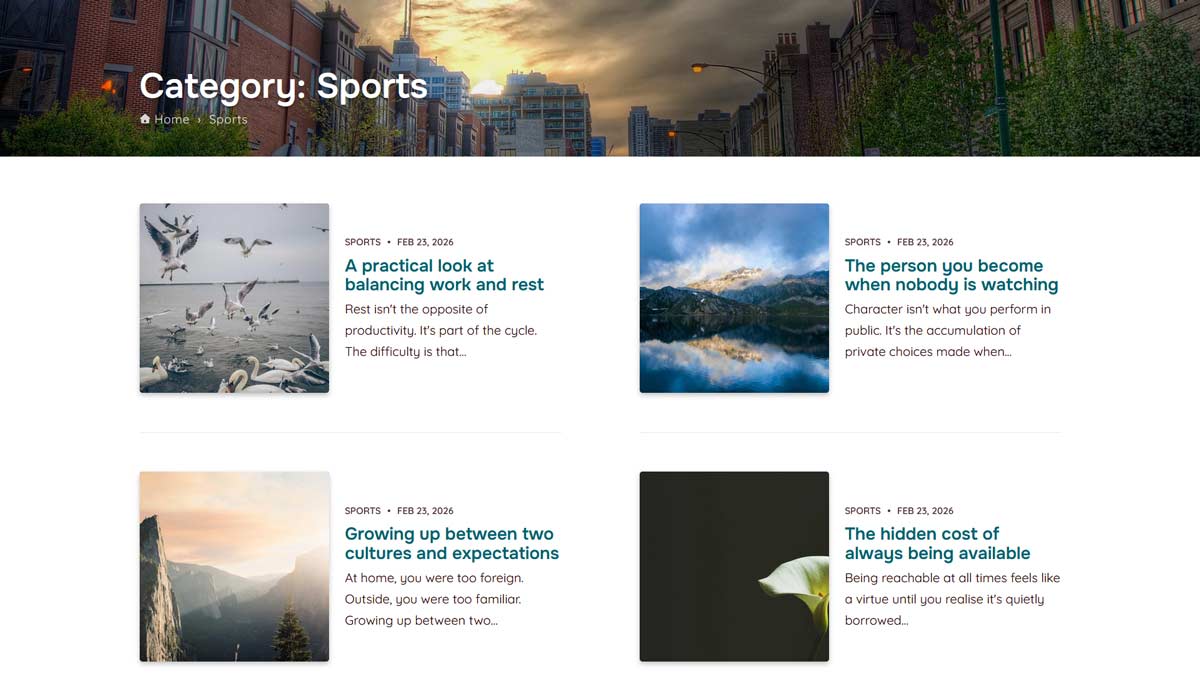 Blog archive page showing a clean grid of posts under a single category