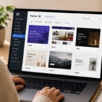 Blogger choosing between block theme and classic theme on a laptop screen