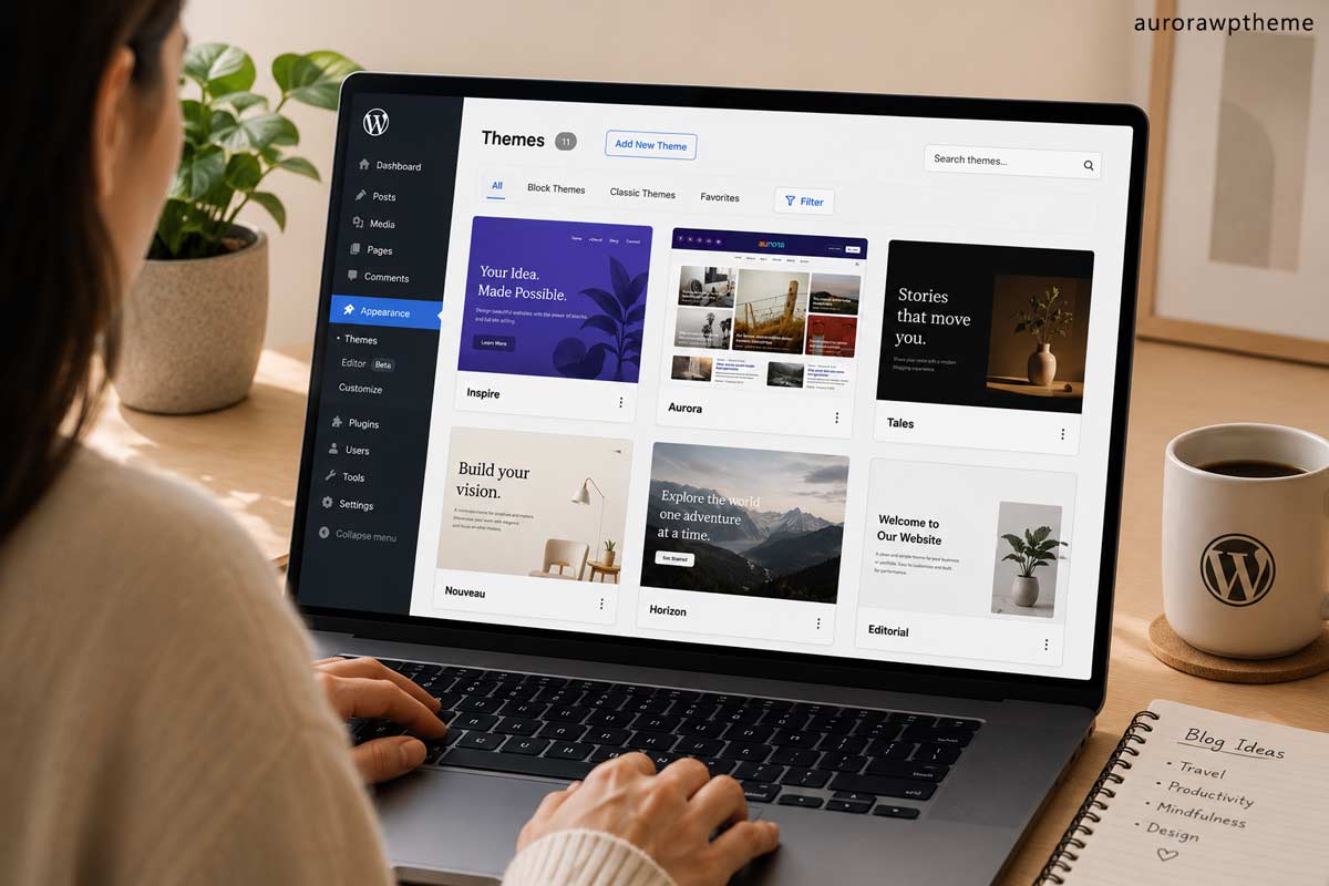 Blogger choosing between block theme and classic theme on a laptop screen