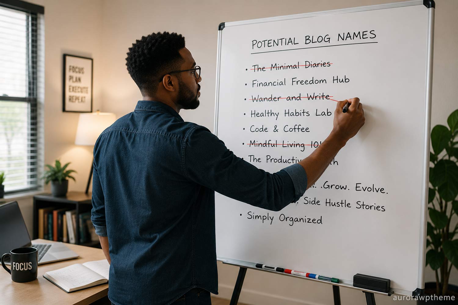 Blogger writing potential blog names on a whiteboard and crossing some out