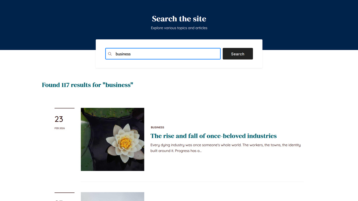 Blog search results page showing query, relevant posts with excerpts, and fallback suggestions