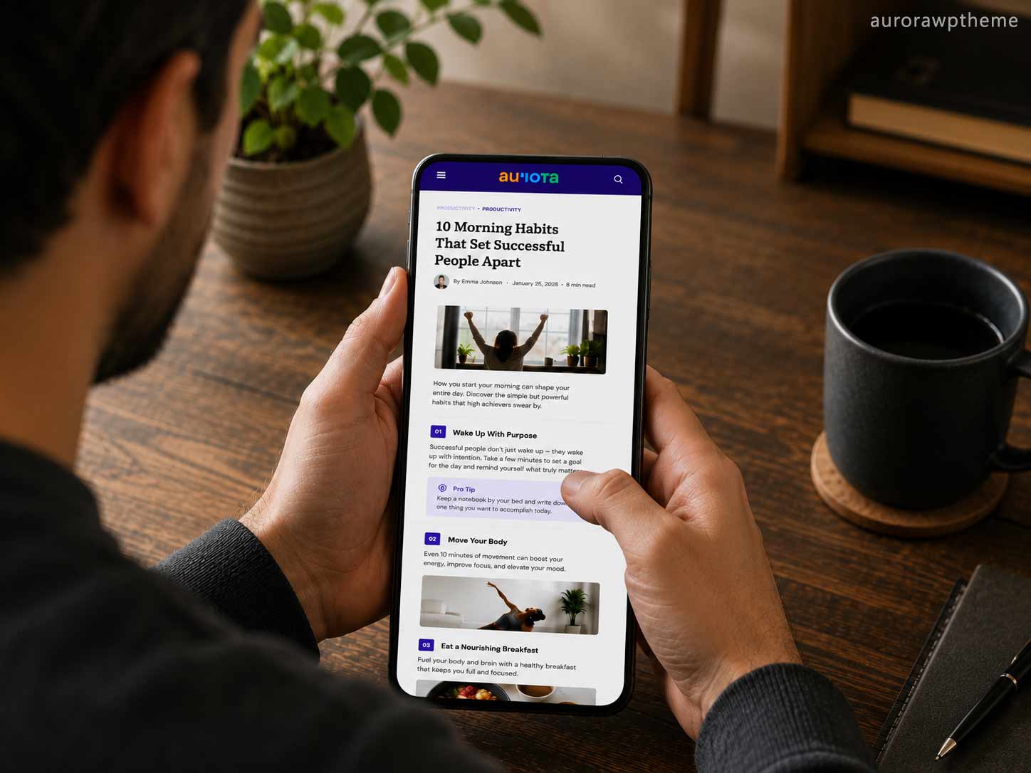 Person scrolling a long-form blog post on a phone with multiple sections visible