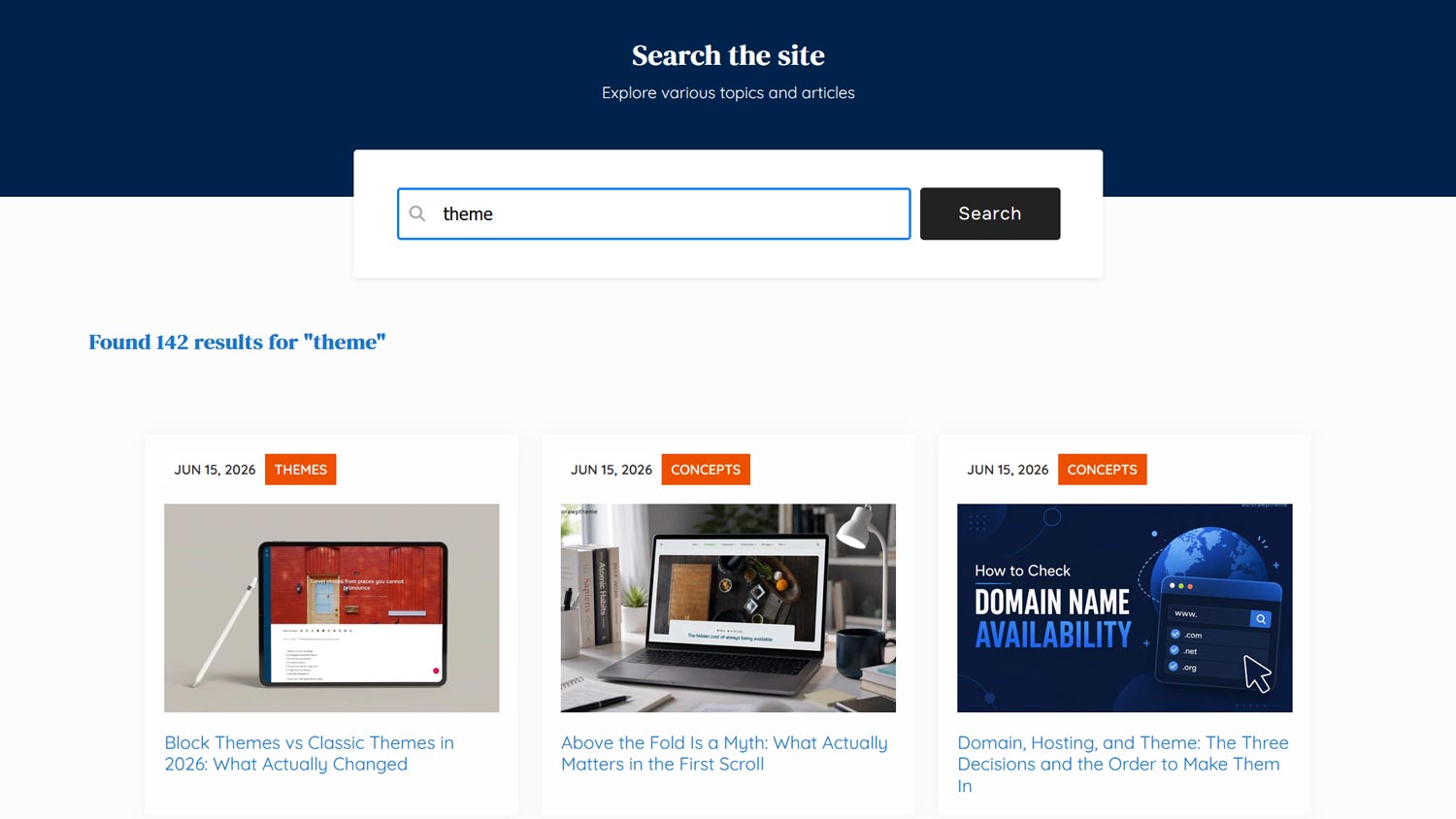 Search results page with highlighted query terms, category labels, and result thumbnails