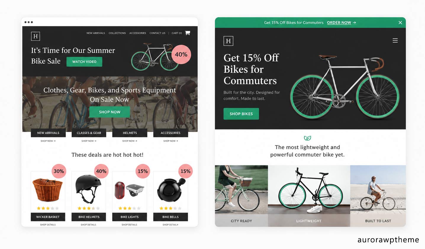 Side-by-side comparison of a blog homepage and a product landing page layout