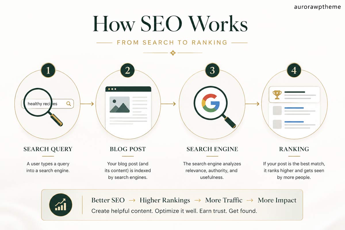 Simple diagram of how SEO works: search query, blog post, search engine, ranking