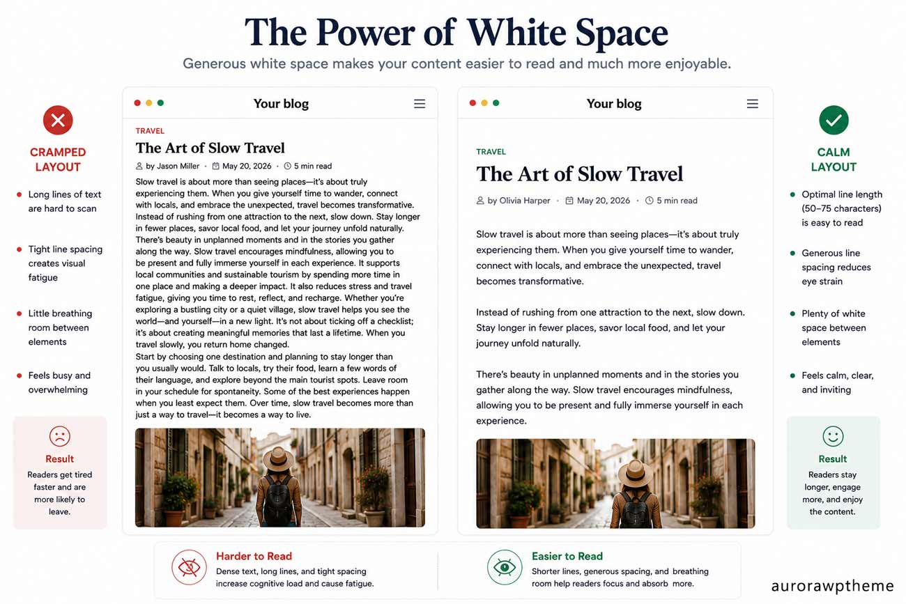 Two side-by-side blog layouts: one cramped without white space, one calm with generous spacing