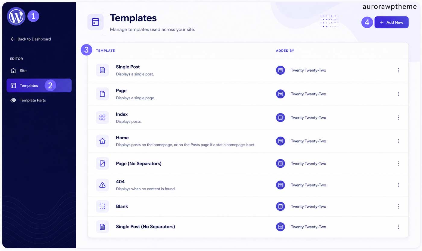 WordPress block editor showing a site-wide template being edited